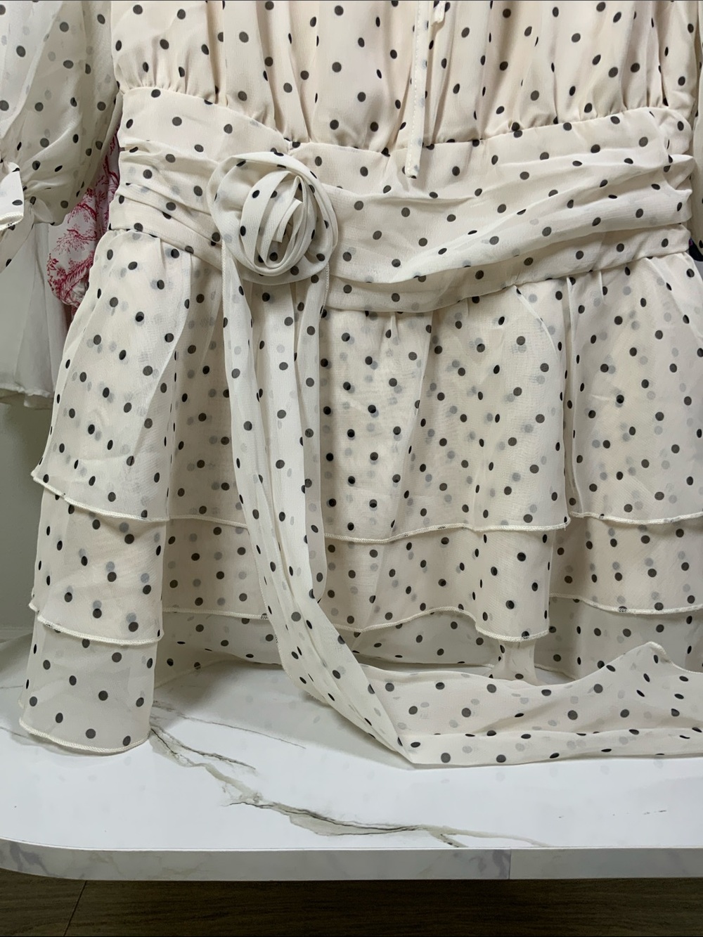 Girls' Cream Polka Dot Tiered Dress with Belt - Picture 4 of 16